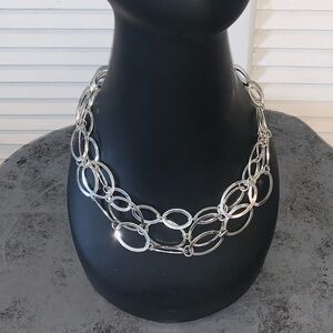silver tone triple layered geometric shaped chunky necklace 18-21” long